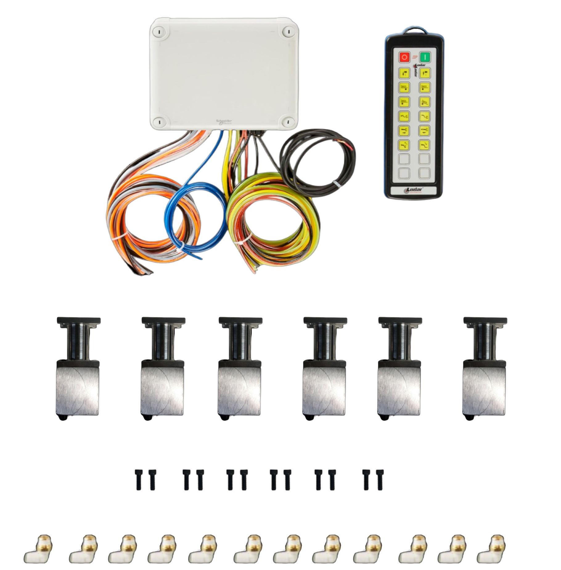 The 12 Function Wireless Air System with Bolt on Actuator by PIERCE, featuring a remote control setup that includes wiring, a control box, connectors, and screws on a white background, is perfect for optimizing wrecker operations.