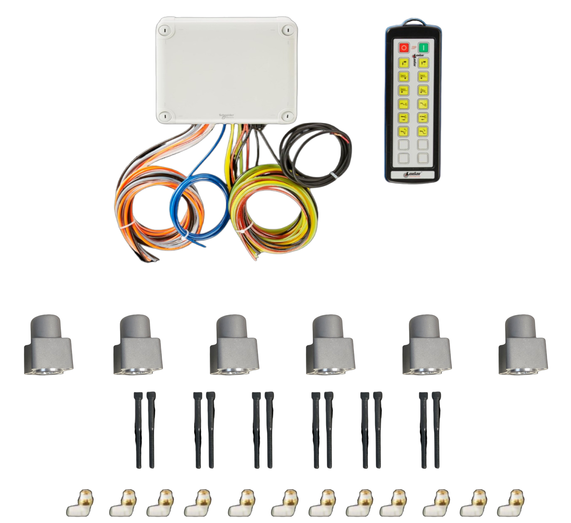 The PIERCE 12Function Wireless Air System with Bolt on Actuator | Gresen includes a control box, remote, wires, connectors, and eight sensor components. This versatile setup also integrates seamlessly with Bolt-on 12 Function Actuator options for enhanced functionality.