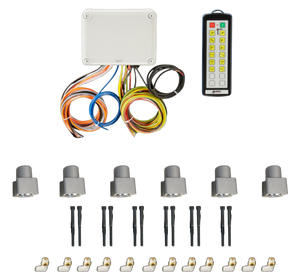 The PIERCE 12Function Wireless Air System with Bolt on Actuator | Gresen includes a control box, remote, wires, connectors, and eight sensor components. This versatile setup also integrates seamlessly with Bolt-on 12 Function Actuator options for enhanced functionality.