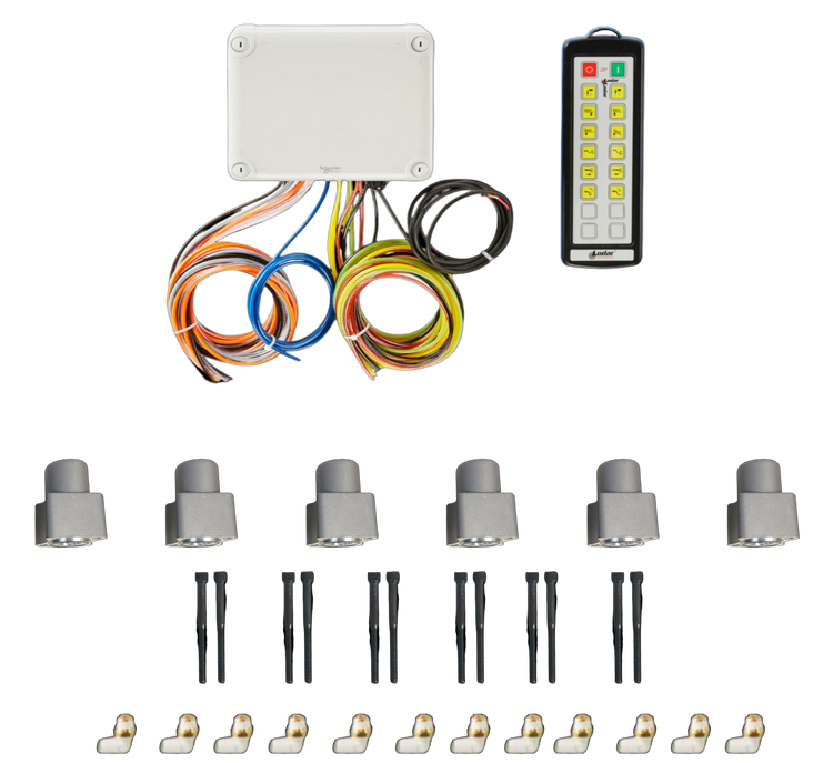 The PIERCE 12Function Wireless Air System with Bolt on Actuator | Gresen includes a control box, remote, wires, connectors, and eight sensor components. This versatile setup also integrates seamlessly with Bolt-on 12 Function Actuator options for enhanced functionality.