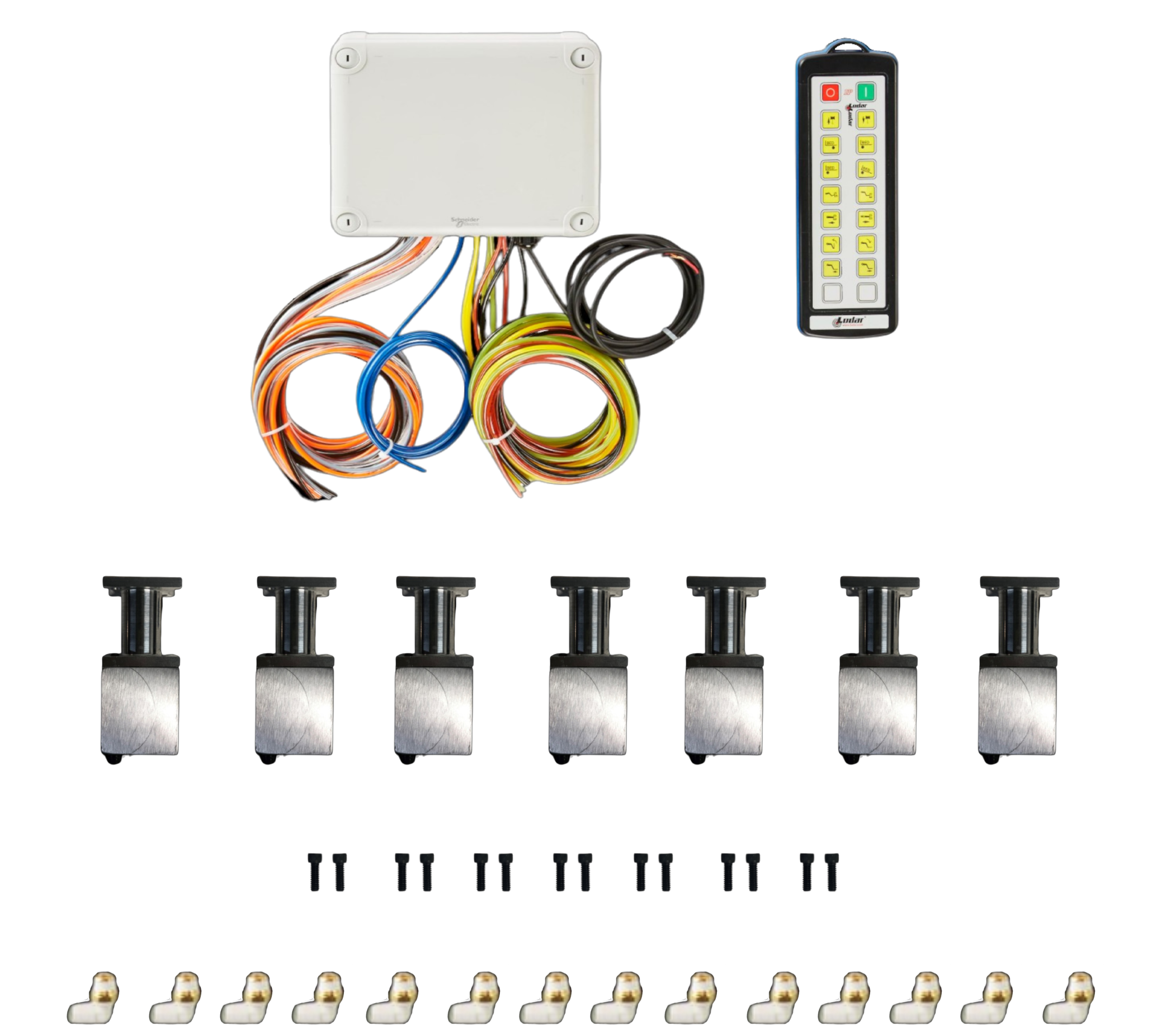 A sleek electronic control system, the 14 Function Wireless Air System with Bolt on Actuator by PIERCE, featuring a junction box, remote, and cables with Husco valves and metal components is arranged neatly on a black background.