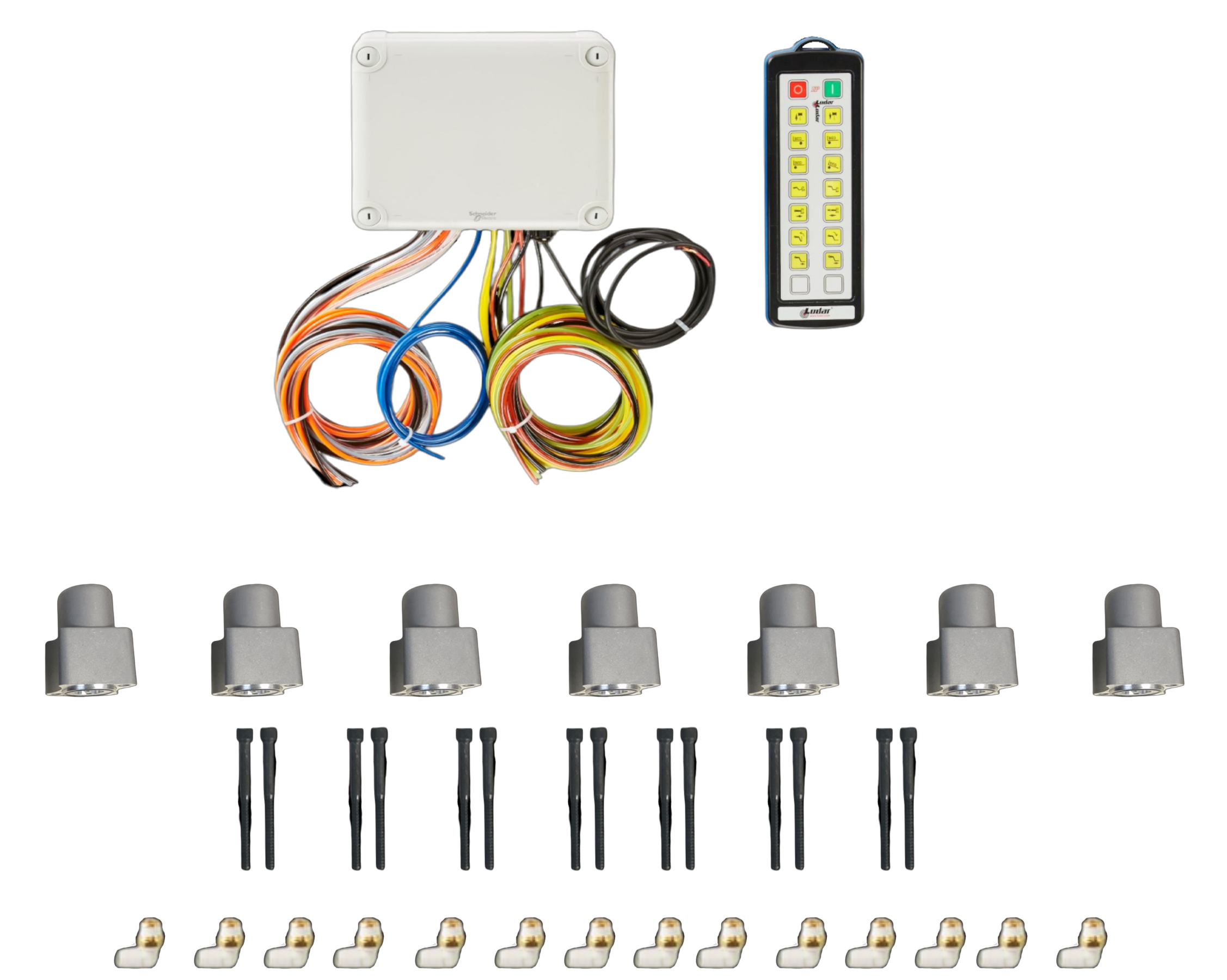 This electronics kit, perfect for seamless integration with the 14 Function Wireless Air System with Bolt-on Actuator by Gresen, includes a PIERCE control box, remote, colored wires, sensors, and connectors arranged on a black background. It's ideal for setups that require enhanced adaptability with the Bolt-on 14 Function Actuator.