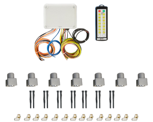 This electronics kit, perfect for seamless integration with the 14 Function Wireless Air System with Bolt-on Actuator by Gresen, includes a PIERCE control box, remote, colored wires, sensors, and connectors arranged on a black background. It's ideal for setups that require enhanced adaptability with the Bolt-on 14 Function Actuator.