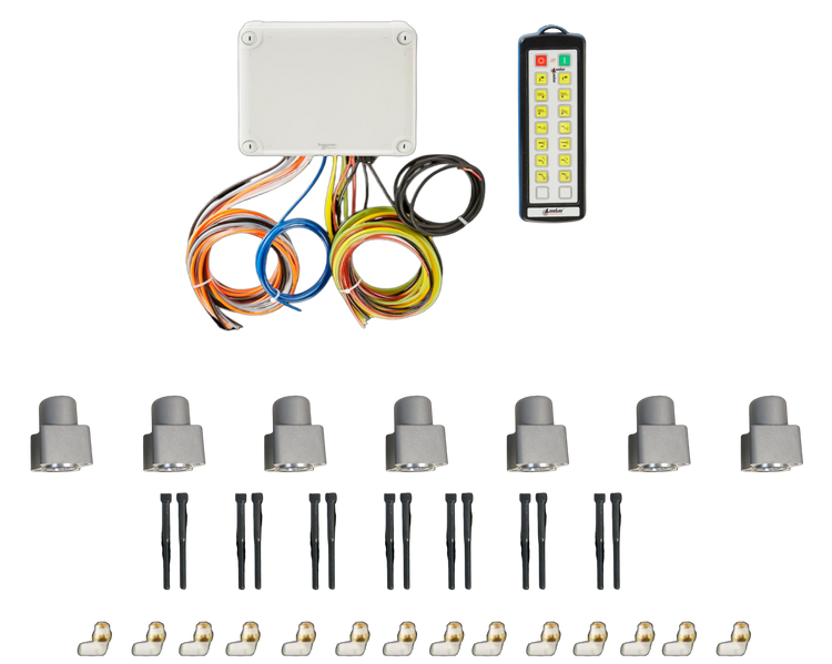 This electronics kit, perfect for seamless integration with the 14 Function Wireless Air System with Bolt-on Actuator by Gresen, includes a PIERCE control box, remote, colored wires, sensors, and connectors arranged on a black background. It's ideal for setups that require enhanced adaptability with the Bolt-on 14 Function Actuator.