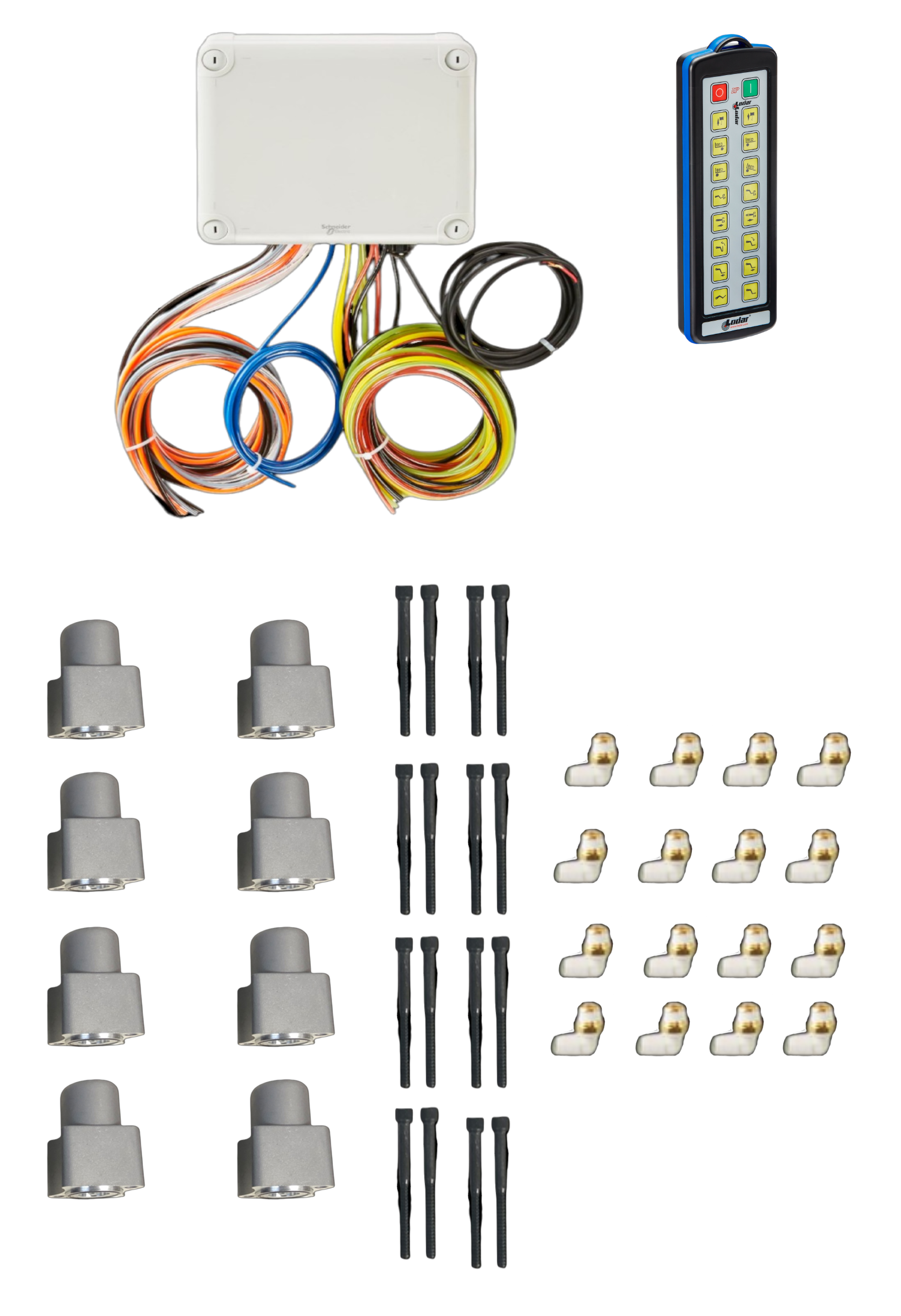 The 16 Function Wireless Air System with Bolt on Actuator by PIERCE includes an actuator, wiring box, remote control, connectors, and mounting hardware on a sleek black background. It's ideal for wrecker operations or integrating into a wireless air system.