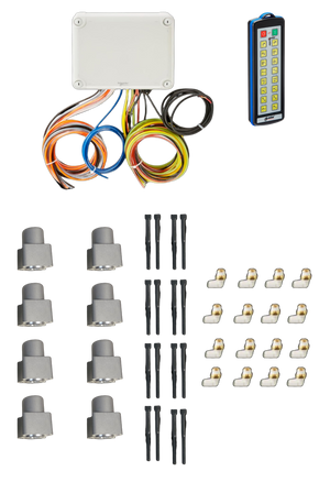 The 16 Function Wireless Air System with Bolt on Actuator by PIERCE includes an actuator, wiring box, remote control, connectors, and mounting hardware on a sleek black background. It's ideal for wrecker operations or integrating into a wireless air system.