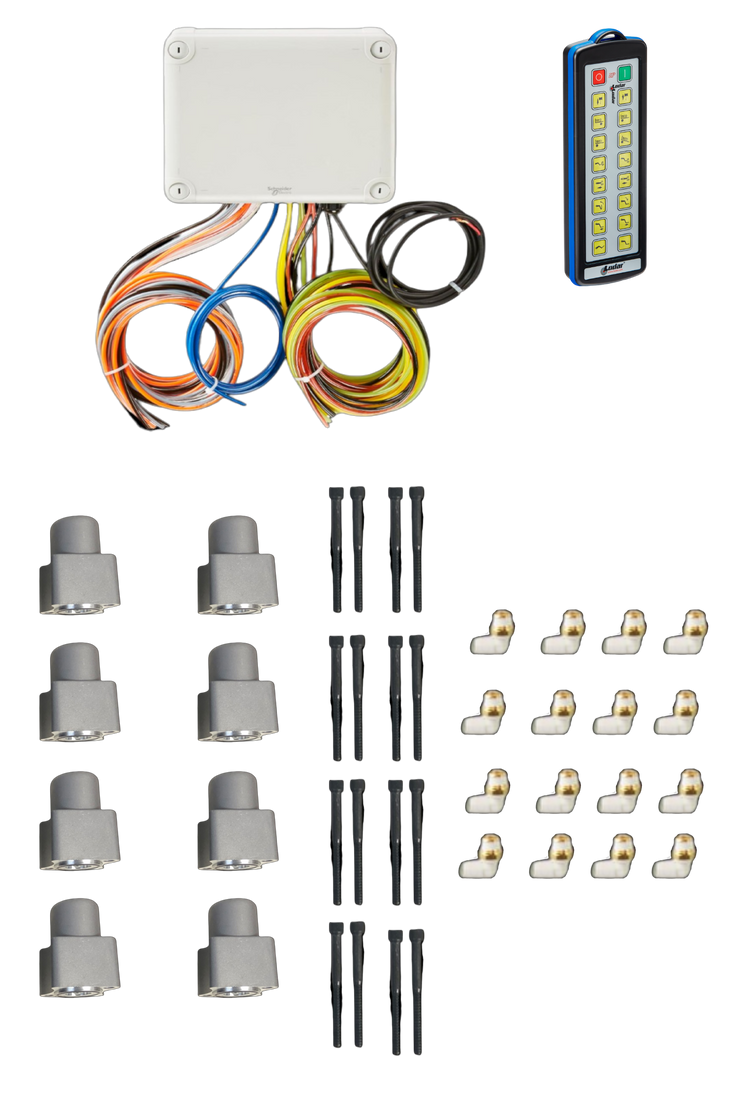 The 16 Function Wireless Air System with Bolt on Actuator by PIERCE includes an actuator, wiring box, remote control, connectors, and mounting hardware on a sleek black background. It's ideal for wrecker operations or integrating into a wireless air system.