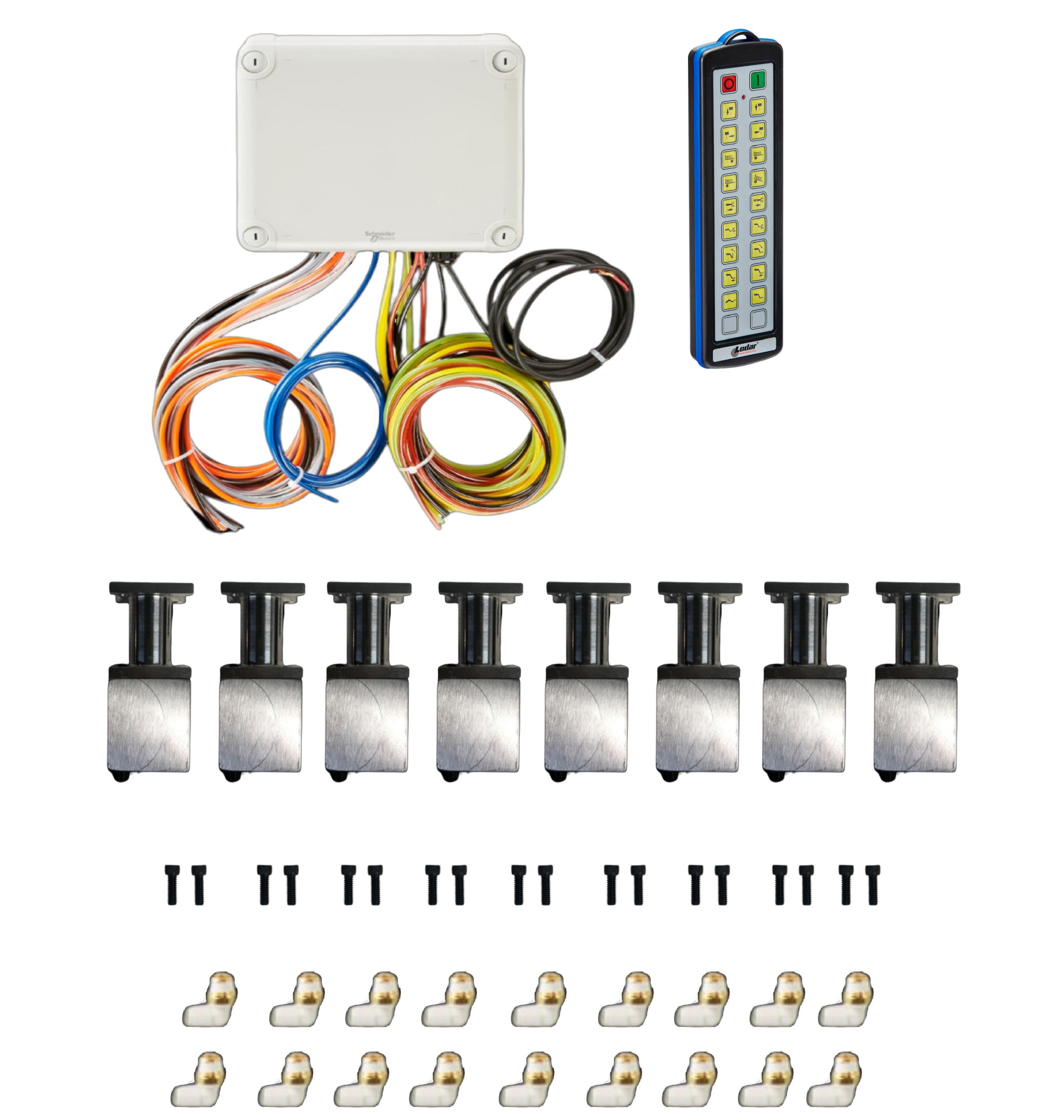 The 18 Function Wireless Air System with Bolt on Actuator by PIERCE is a comprehensive wiring kit that includes a control box, multicolored cables, and connectors, perfect for Wrecker operations. Displayed against a sleek black background, it also features a convenient remote for seamless functionality.