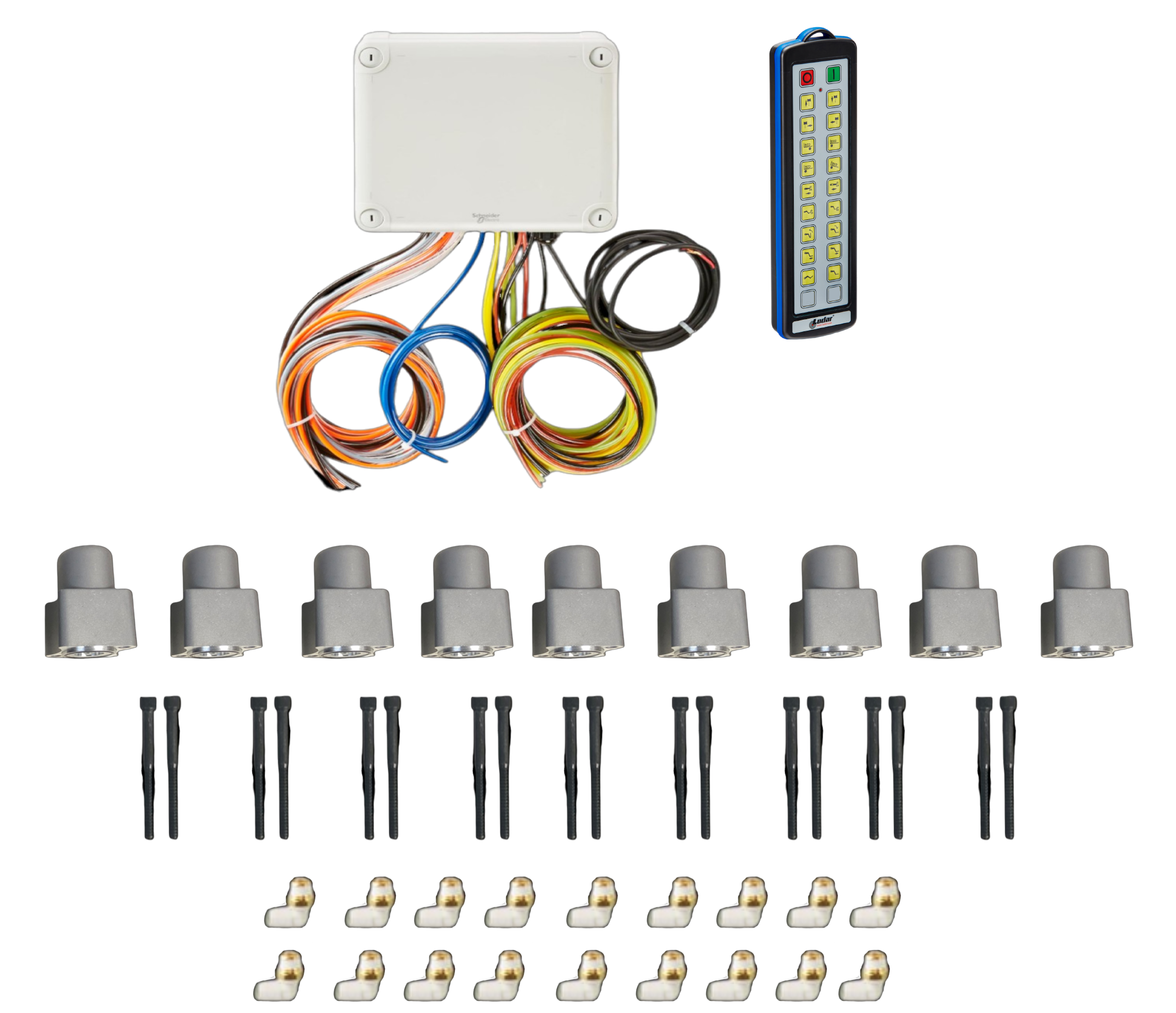 Electronic components set featuring the 18 Function Wireless Air System with Bolt-on Actuator by PIERCE, complete with a control box, wiring, remote, sensors, connectors, and black bolt-on fasteners.