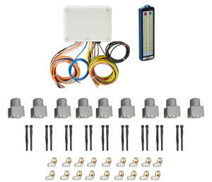 Electronic components set featuring the 18 Function Wireless Air System with Bolt-on Actuator by PIERCE, complete with a control box, wiring, remote, sensors, connectors, and black bolt-on fasteners.