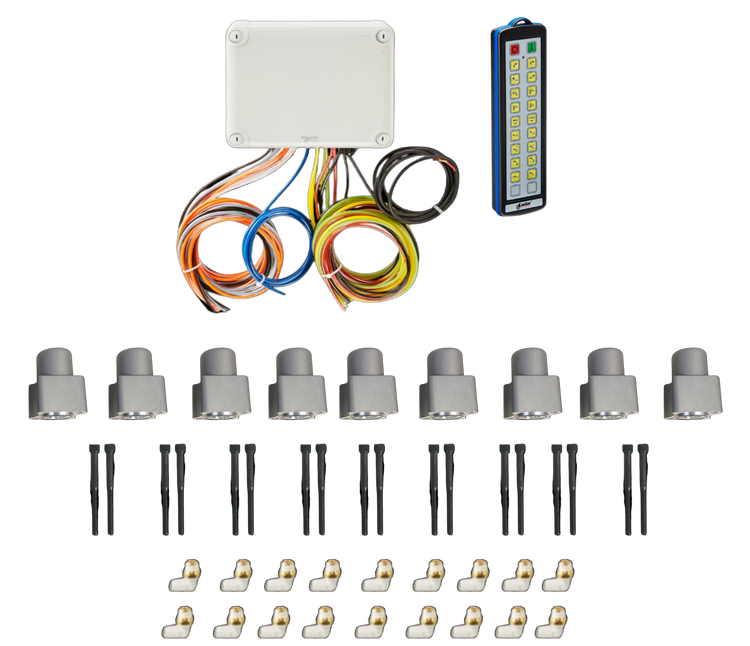 Electronic components set featuring the 18 Function Wireless Air System with Bolt-on Actuator by PIERCE, complete with a control box, wiring, remote, sensors, connectors, and black bolt-on fasteners.