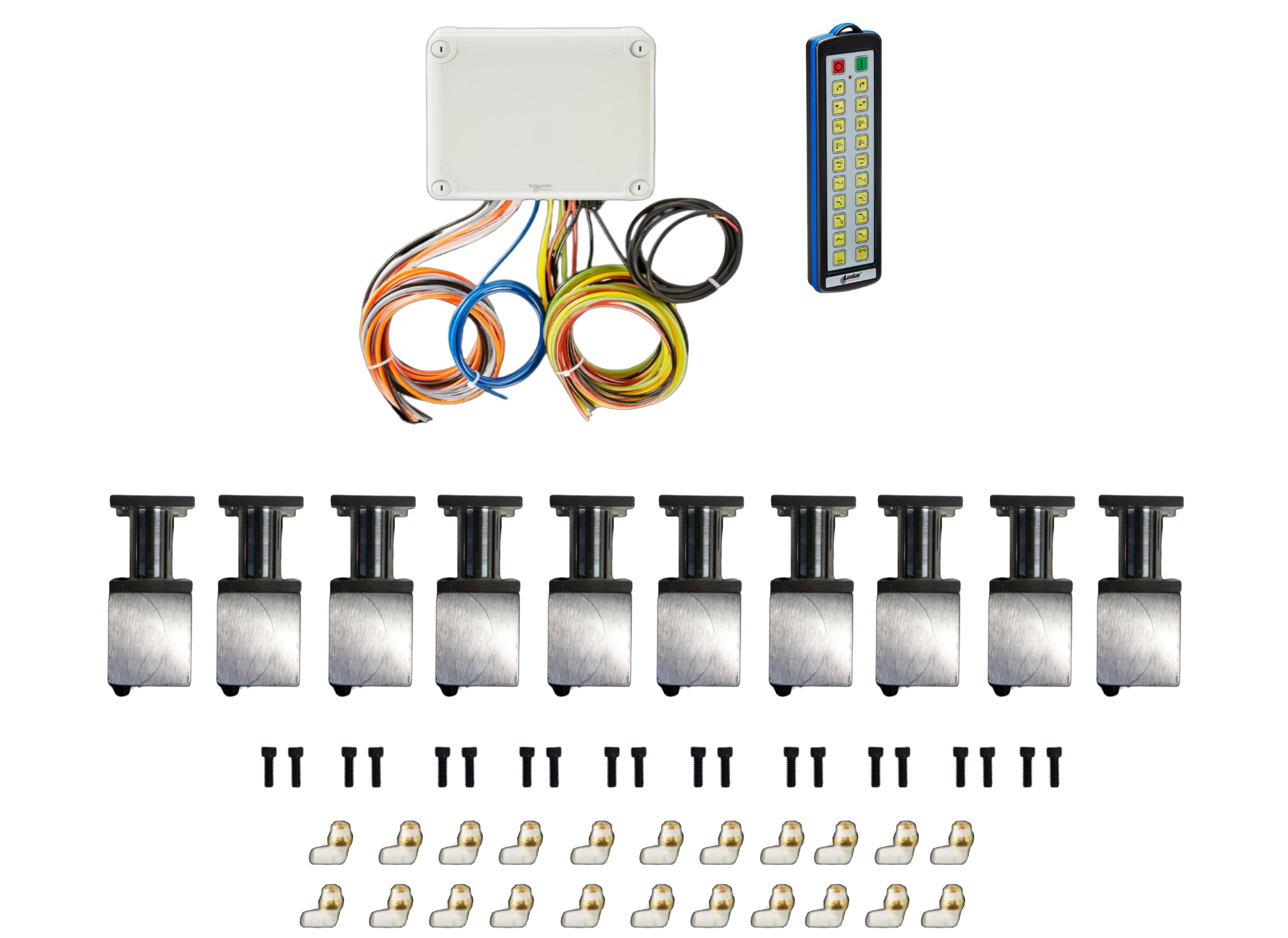 The PIERCE 20 Function Wireless Air System with Bolt on Actuator by Husco, perfect for wrecker operations, includes a remote control, control box, wiring components, sensors, and connectors all elegantly displayed on a sleek black background.