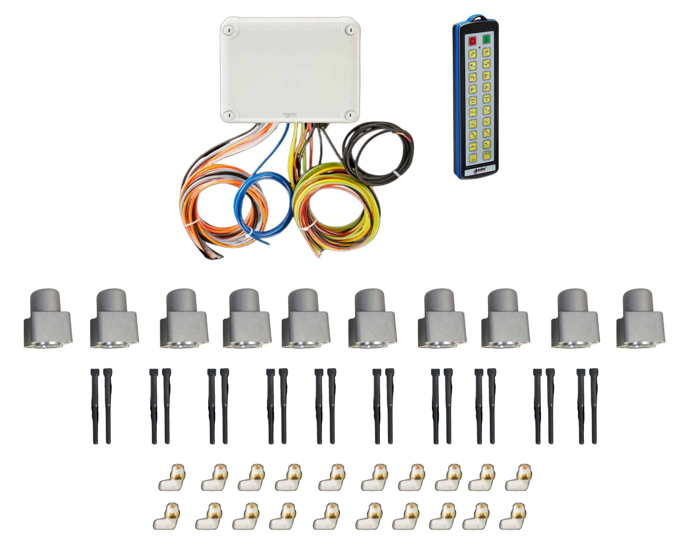 The 20 Function Wireless Air System with Bolt on Actuator by PIERCE includes a control box, colorful wires, a remote, connectors, and several small gray components on a black background. Its integration of the Gresen Bolt-on Actuator ensures seamless functionality for improved utility and user convenience.