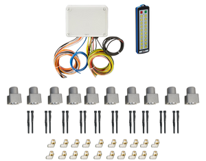 The 20 Function Wireless Air System with Bolt on Actuator by PIERCE includes a control box, colorful wires, a remote, connectors, and several small gray components on a black background. Its integration of the Gresen Bolt-on Actuator ensures seamless functionality for improved utility and user convenience.