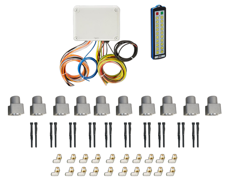 The 20 Function Wireless Air System with Bolt on Actuator by PIERCE includes a control box, colorful wires, a remote, connectors, and several small gray components on a black background. Its integration of the Gresen Bolt-on Actuator ensures seamless functionality for improved utility and user convenience.