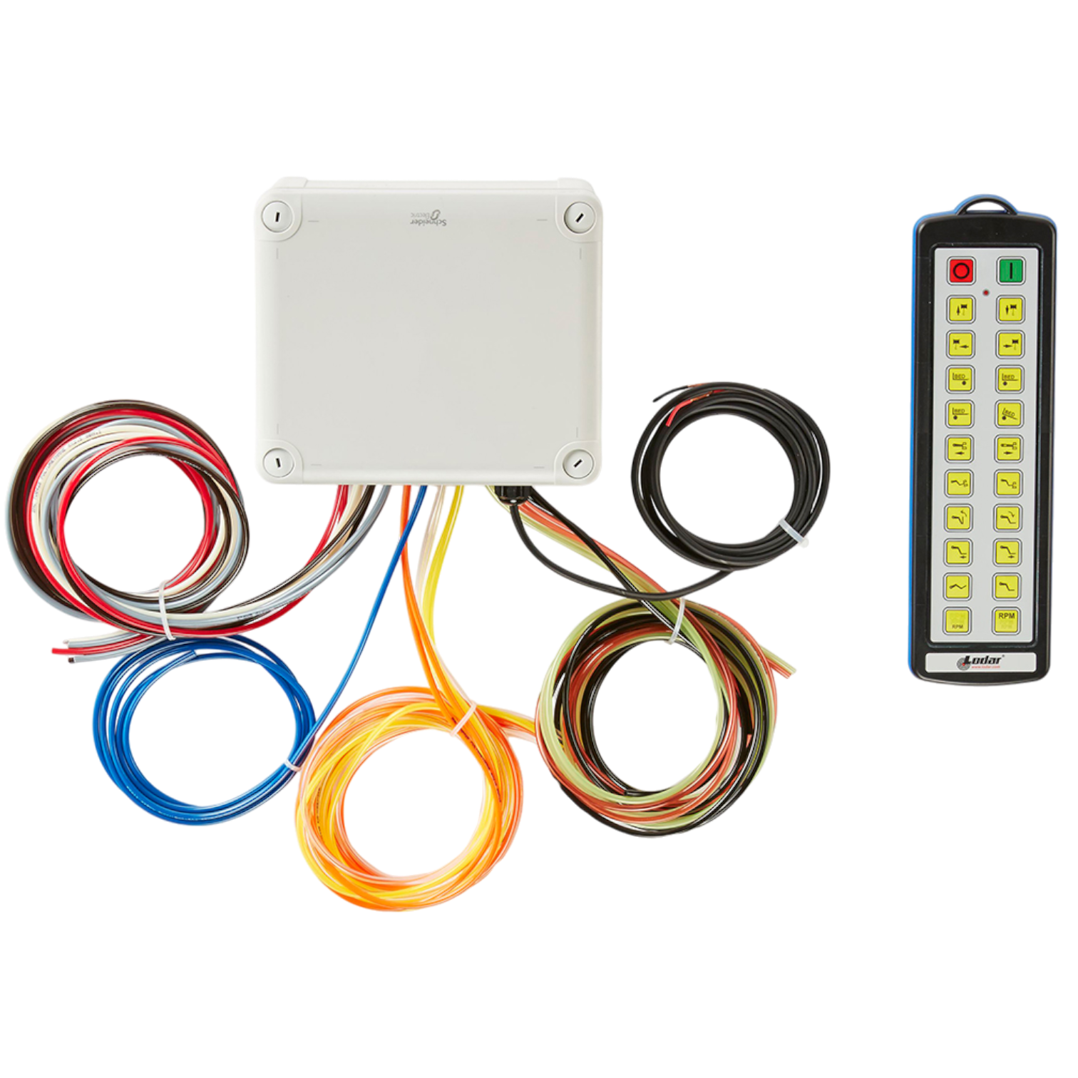 The Lodar LTD 20 Function IP Wireless Actuator Control System, part of the 92 Series with FET Air Receiver but without actuators, includes a control box with multicolored cables and a separate remote control featuring multiple buttons, allowing for seamless integration with compatible actuators.