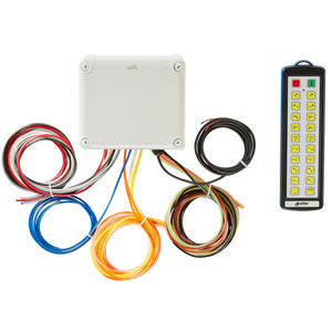 The Lodar LTD 20 Function IP Wireless Actuator Control System, part of the 92 Series with FET Air Receiver but without actuators, includes a control box with multicolored cables and a separate remote control featuring multiple buttons, allowing for seamless integration with compatible actuators.