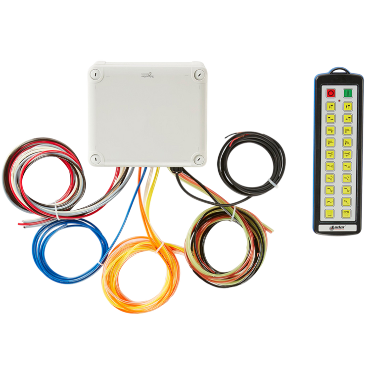 The Lodar LTD 20 Function IP Wireless Actuator Control System, part of the 92 Series with FET Air Receiver but without actuators, includes a control box with multicolored cables and a separate remote control featuring multiple buttons, allowing for seamless integration with compatible actuators.