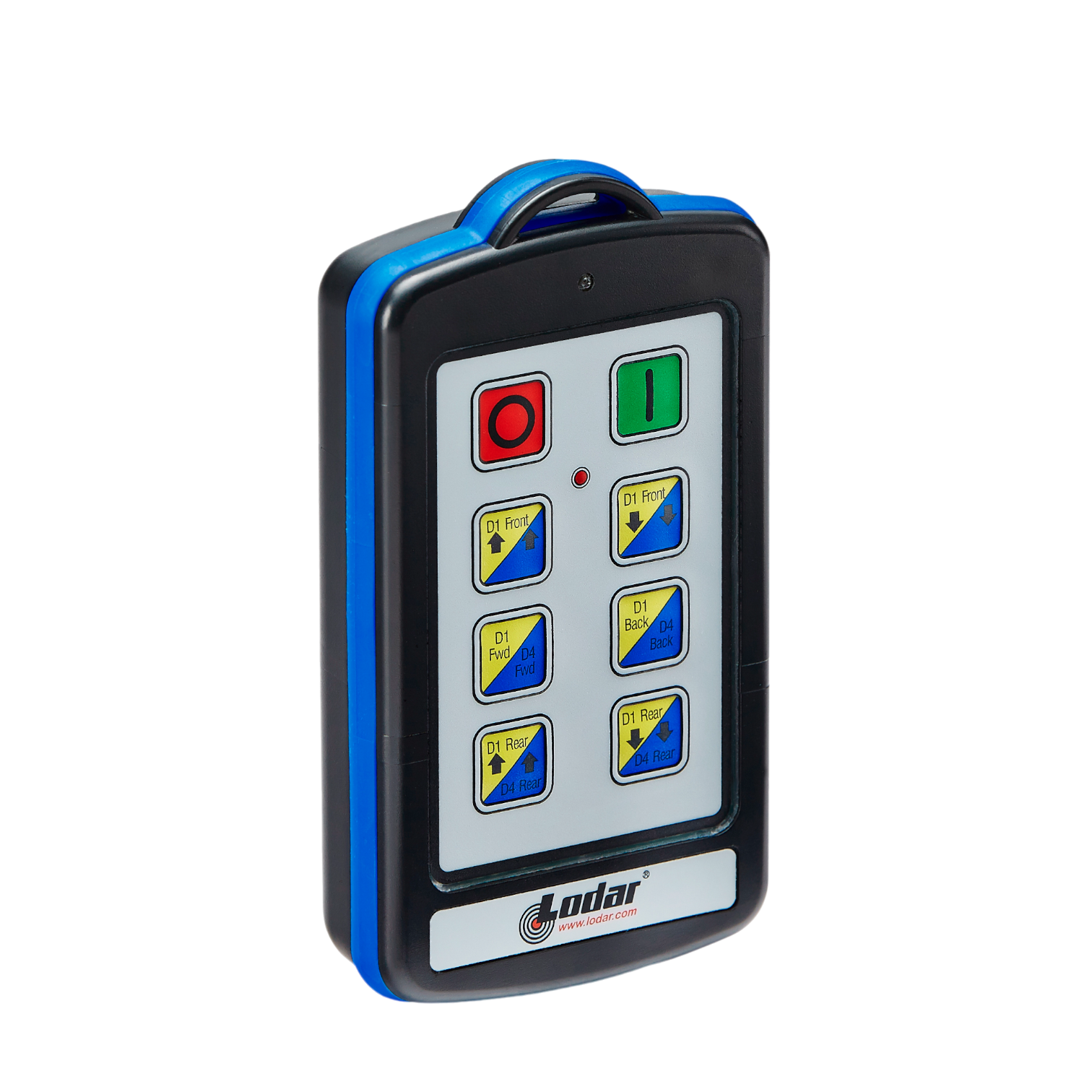 The 12 Function Lodar Replacement IP SHIFT Transmitter from Lodar LTD, part of the 9000 Series, includes an antenna and multiple buttons clearly labeled in blue, yellow, red, and green. It is perfect for transmitter replacement needs and offers versatile control modes to enhance your experience.