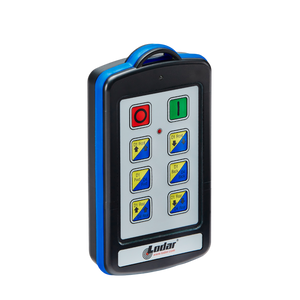 The 12 Function Lodar Replacement IP SHIFT Transmitter from Lodar LTD, part of the 9000 Series, includes an antenna and multiple buttons clearly labeled in blue, yellow, red, and green. It is perfect for transmitter replacement needs and offers versatile control modes to enhance your experience.