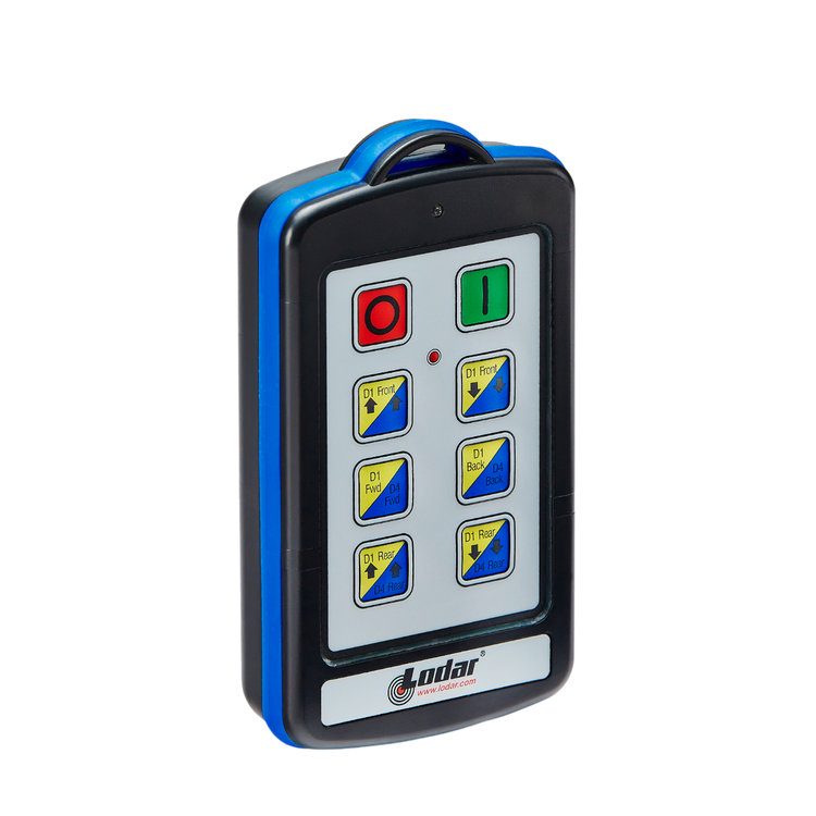 The 12 Function Lodar Replacement IP SHIFT Transmitter from Lodar LTD, part of the 9000 Series, includes an antenna and multiple buttons clearly labeled in blue, yellow, red, and green. It is perfect for transmitter replacement needs and offers versatile control modes to enhance your experience.