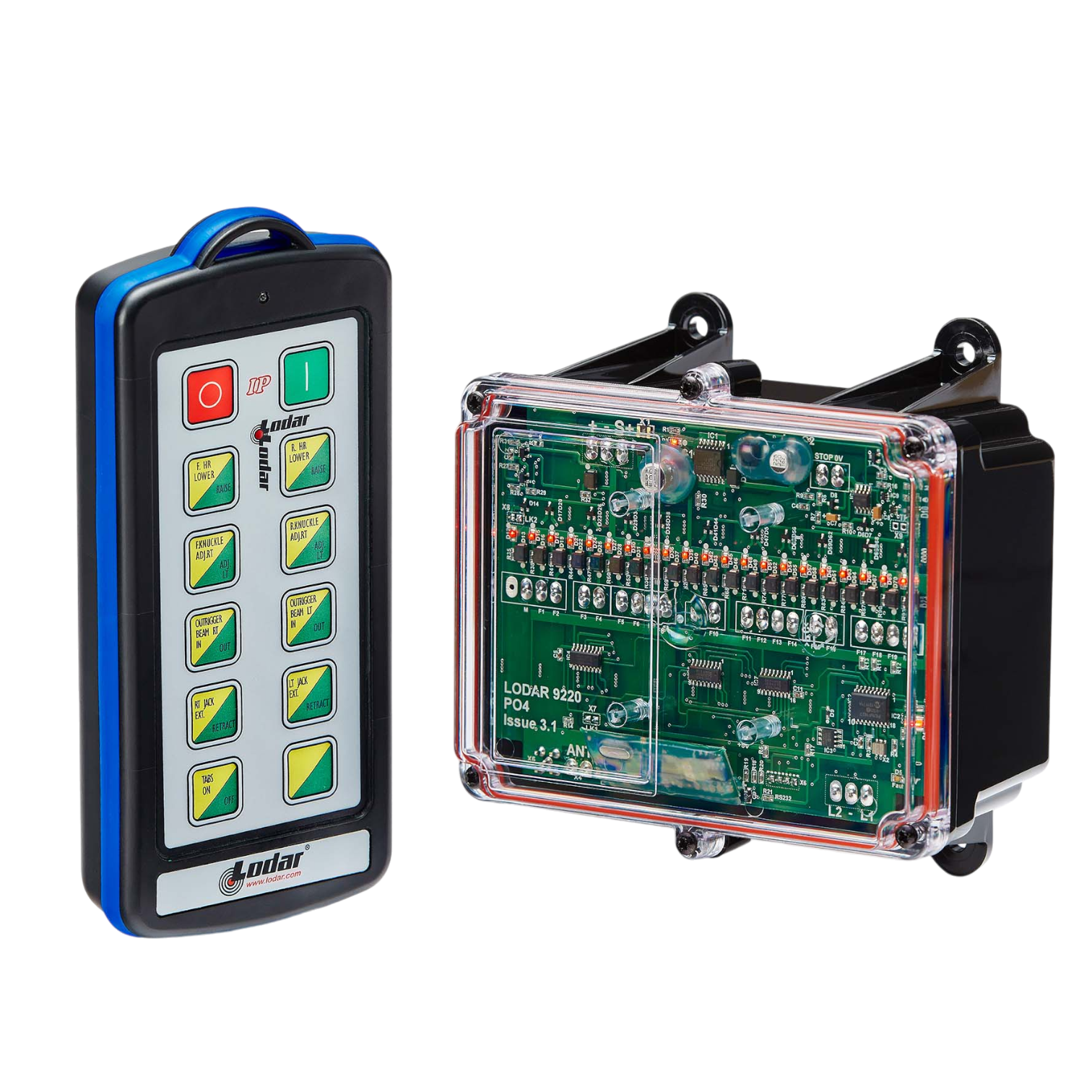 The 20 Function IP SHIFT Wireless Control System by Lodar LTD, part of the 92 Series with a FET Receiver, boasts a transparent electronic circuit board and a 10-button controller against a sleek black background.