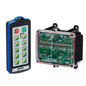 The 20 Function IP SHIFT Wireless Control System by Lodar LTD, part of the 92 Series with a FET Receiver, boasts a transparent electronic circuit board and a 10-button controller against a sleek black background.