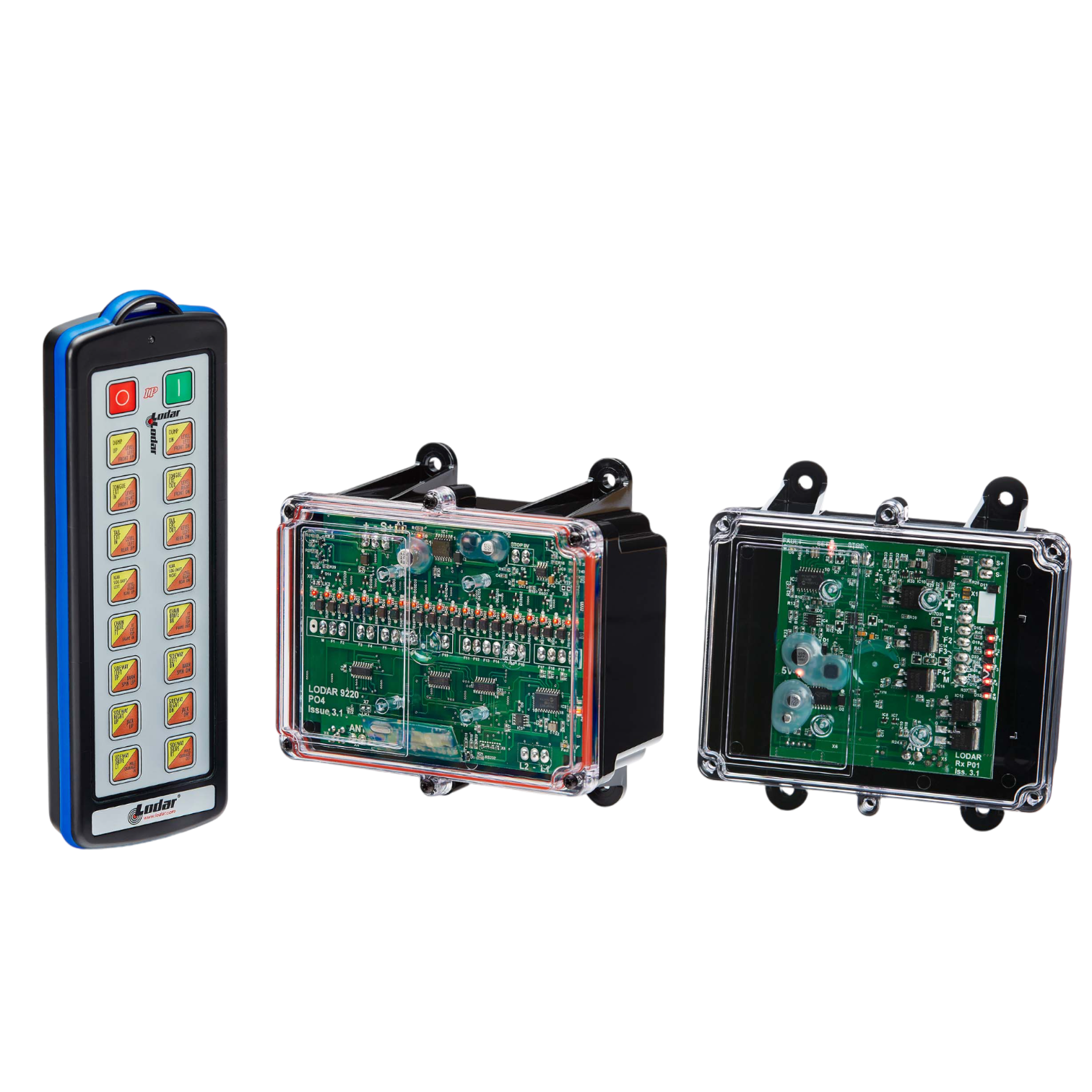 Against a sleek black backdrop rests a sophisticated 24 Function controller, accompanied by its remote control and two electronic circuit boards encased in transparent covers. This arrangement showcases the advanced capabilities of Lodar LTD's 92 Series IP SHIFT Wireless Control System, expertly incorporating cutting-edge firmware technology for precise operation.