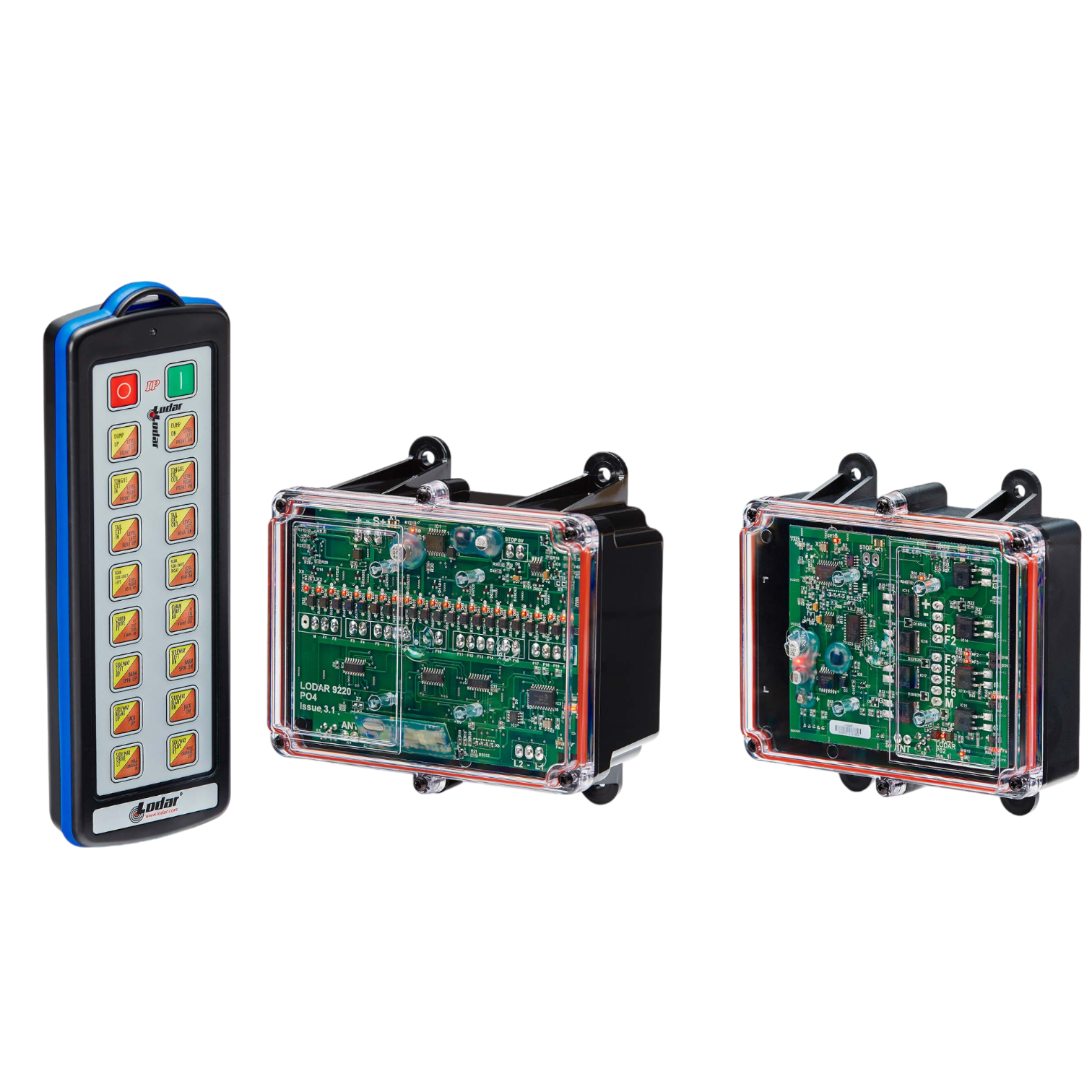 A 26 Function IP SHIFT Wireless Control System featuring a Lodar LTD controller with 16 buttons and two electronic circuit boards in transparent cases lies on a black background, highlighting the efficiency of the Lodar LTD system.