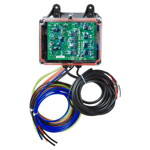 The 6 Function Lodar Replacement FET Air Receiver from Lodar LTD, which includes vibrant wires and a transparent electronic control box, is ideal for integration with Lodar Replacement FET systems or upgrading actuator systems. It is showcased against a clean white background.