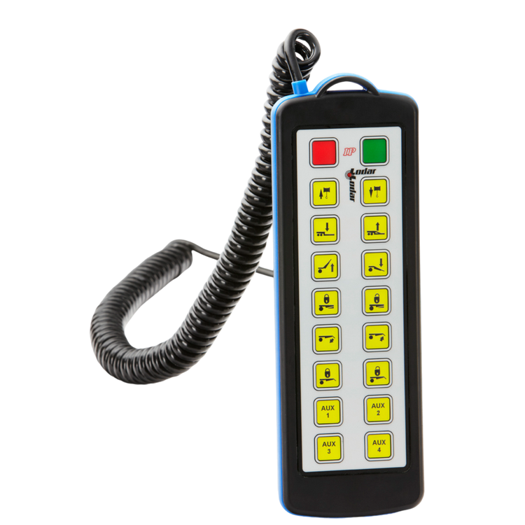 The 16 Function Lodar Hard-Wired Remote | 92 Series by Lodar LTD features yellow buttons along with red and green function keys, all connected via a coiled black cord. It is equipped with a durable waterproof Bulgin connector, seamlessly accommodating 16 functions.