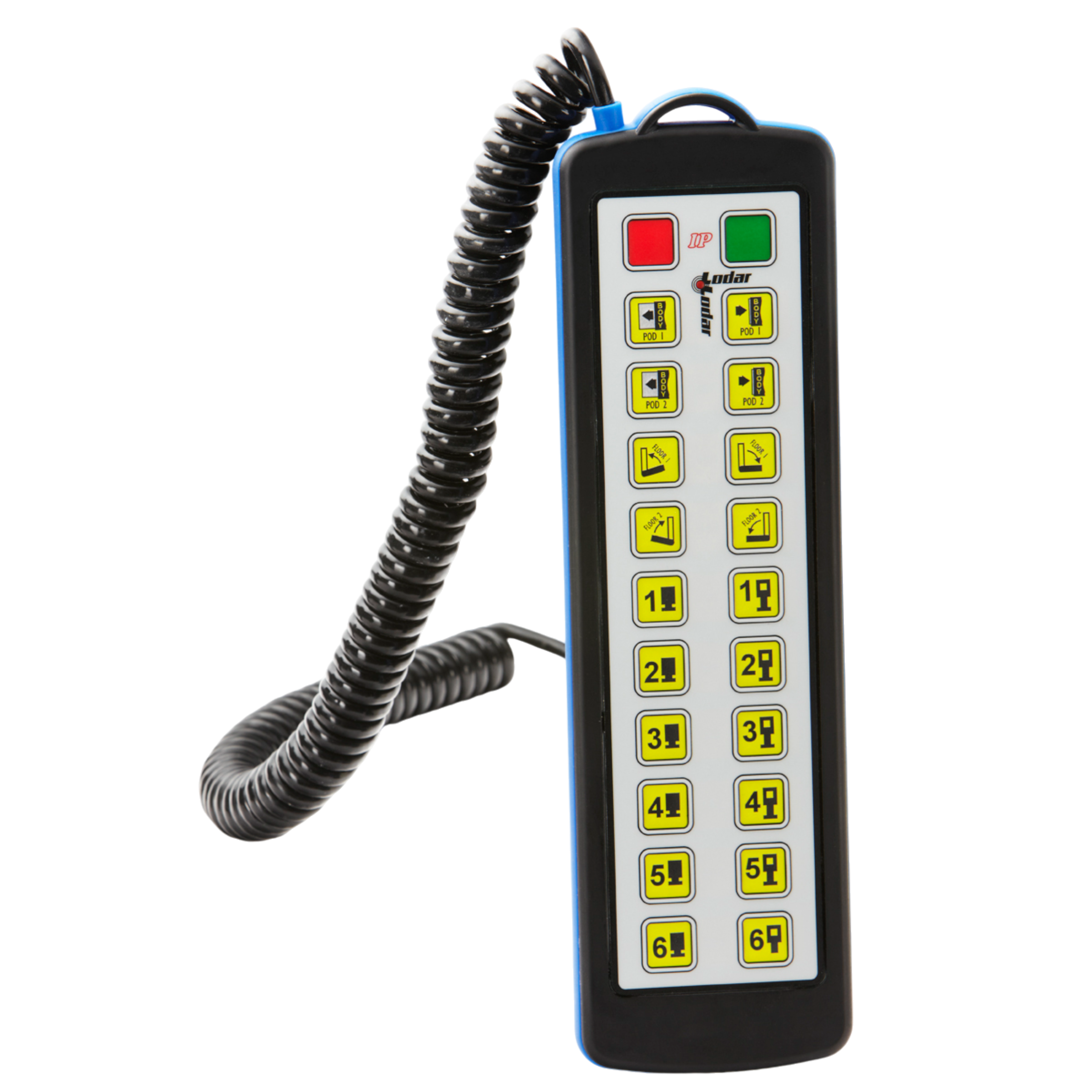 The Lodar LTD 20 Function Hard-Wired Remote from the 9000 Series features a coiled cable, green and red buttons, numeric and function keys. It comes with a waterproof Bulgin connector for added reliability and includes a 20-function backup capability.