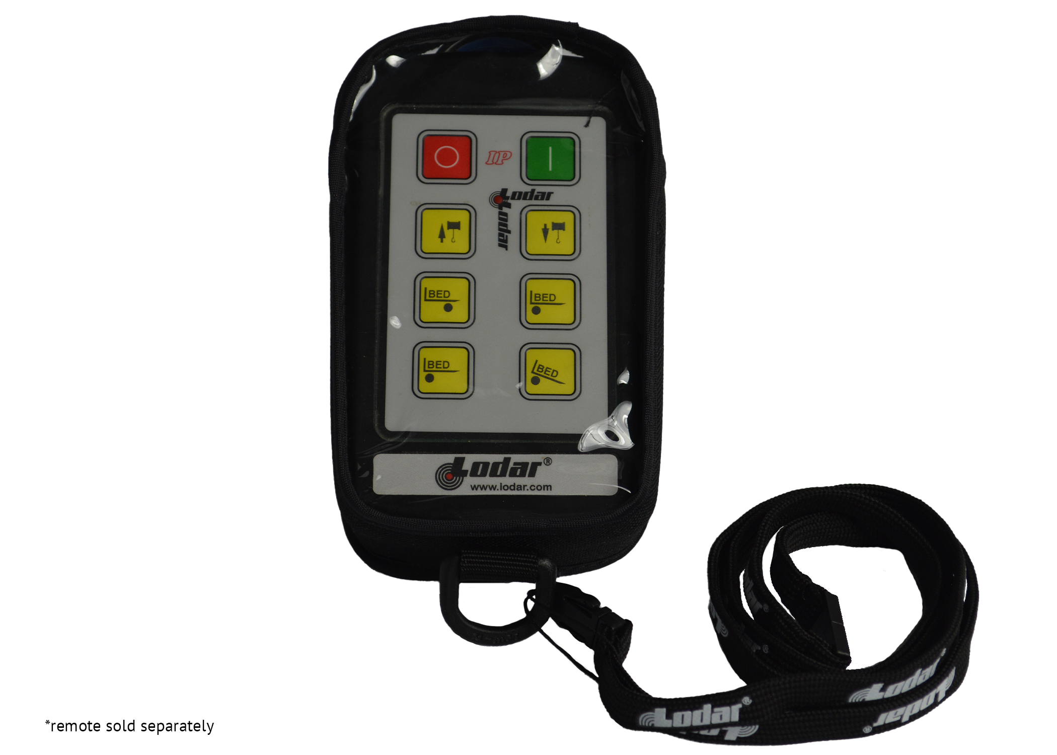 A Lodar LTD wireless remote control, which includes six yellow buttons and a black strap, comes with a padded protective cover and is part of the Controls | Cover | Lodar | Fabric | 92 93 IP Series | 6F line.