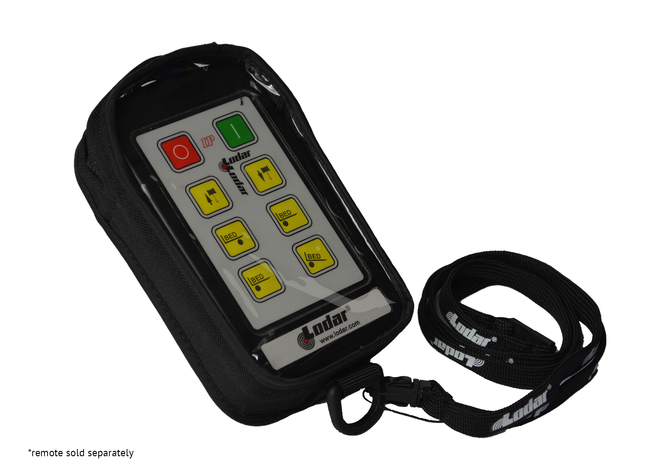 A black remote control, housed in a padded protective fabric cover with a strap, displays colorful buttons and the Lodar LTD logo. As part of the Industrial Pro series, this product offers enhanced transmitter protection for reliable use in demanding environments.