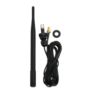 Set against a dark backdrop, the 15 in. Lodar External Aerial Kit by Lodar LTD features a stylish black antenna complete with a cable and connectors, specifically designed to combat signal degradation. Perfect for anyone looking to enhance their connectivity, this external aerial integrates effortlessly with coaxial cable systems.