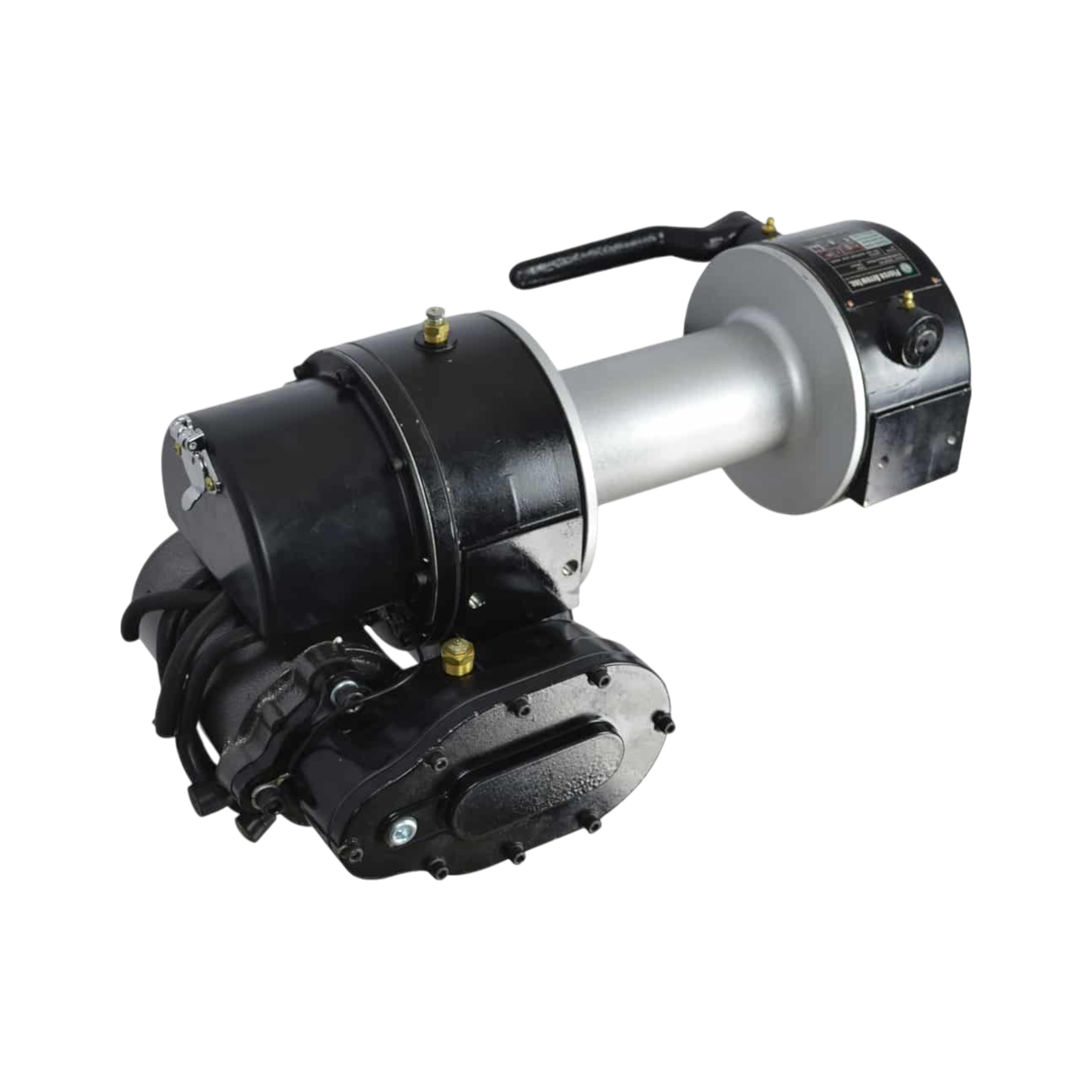 The PIERCE 9,000 lbs. 8 Drum Industrial Electric Winch boasts a sturdy design with a black housing and silver drum against a sleek black background, offering a limited lifetime warranty for peace of mind.