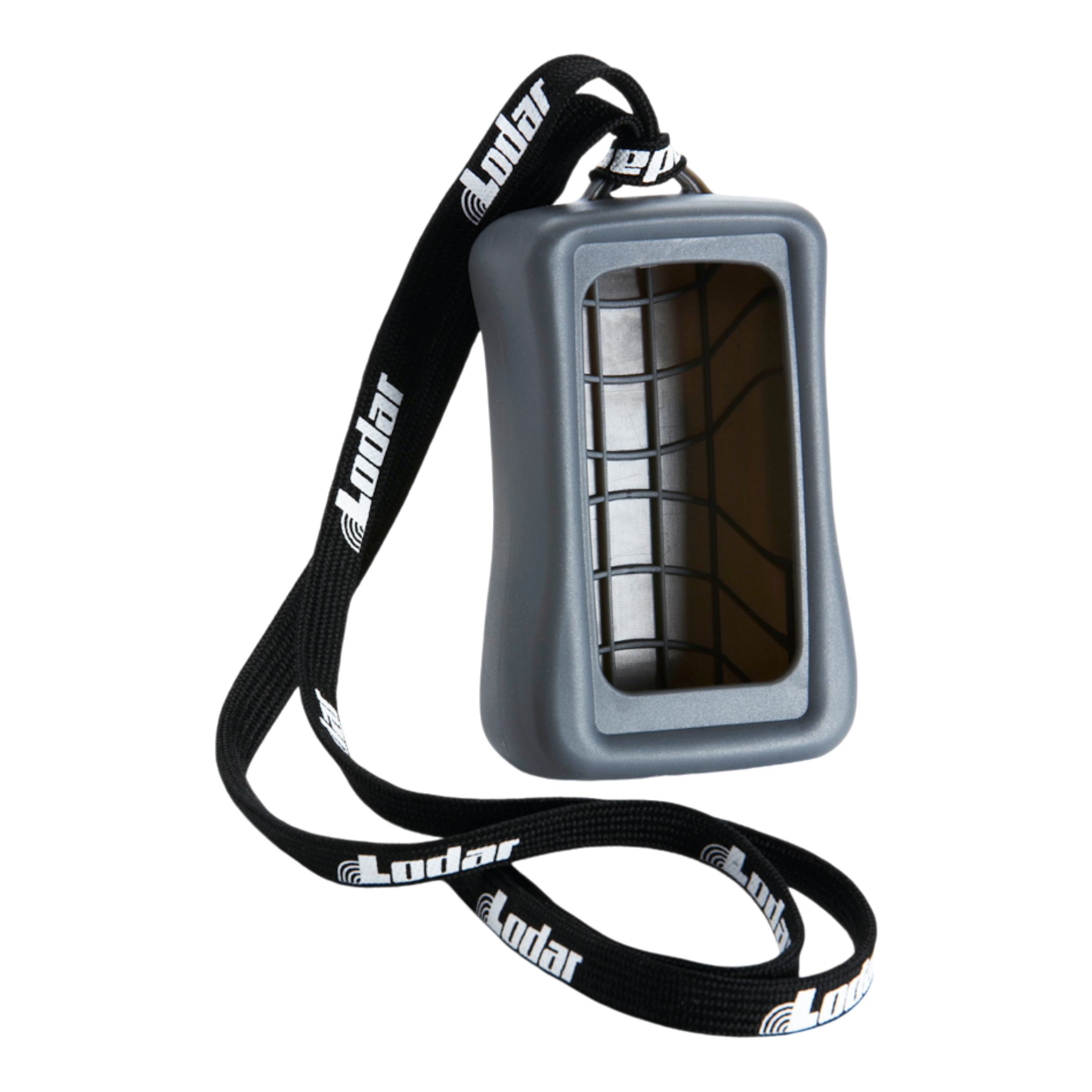 Silicone cover in grey for Lodar 9000 Series transmitter, paired with a black Lodar lanyard by Lodar LTD.