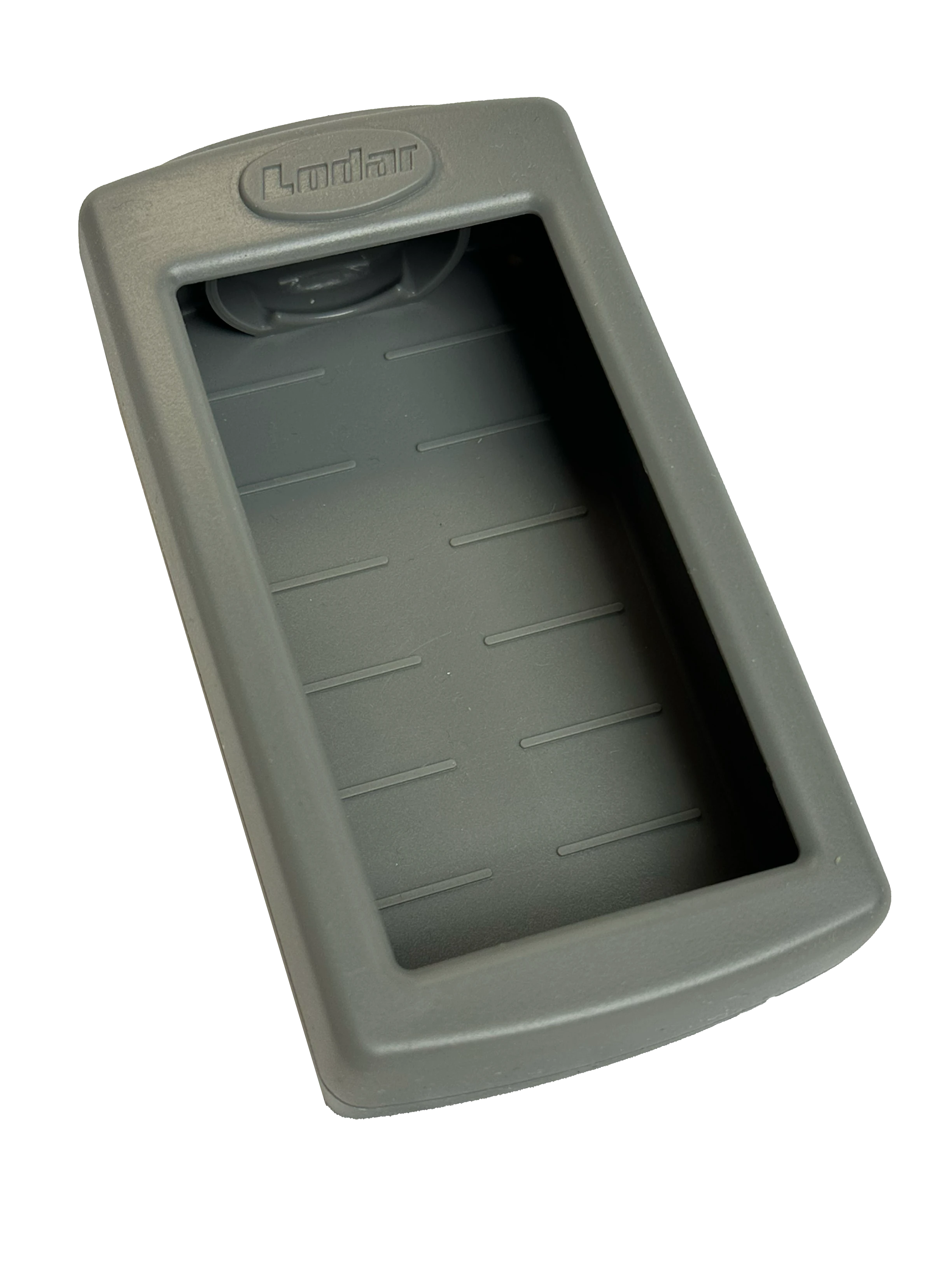 The Lodar Silicone LoCate Cover by Lodar LTD is a gray silicone case featuring an open top and interior ridges, engineered for superior protection.