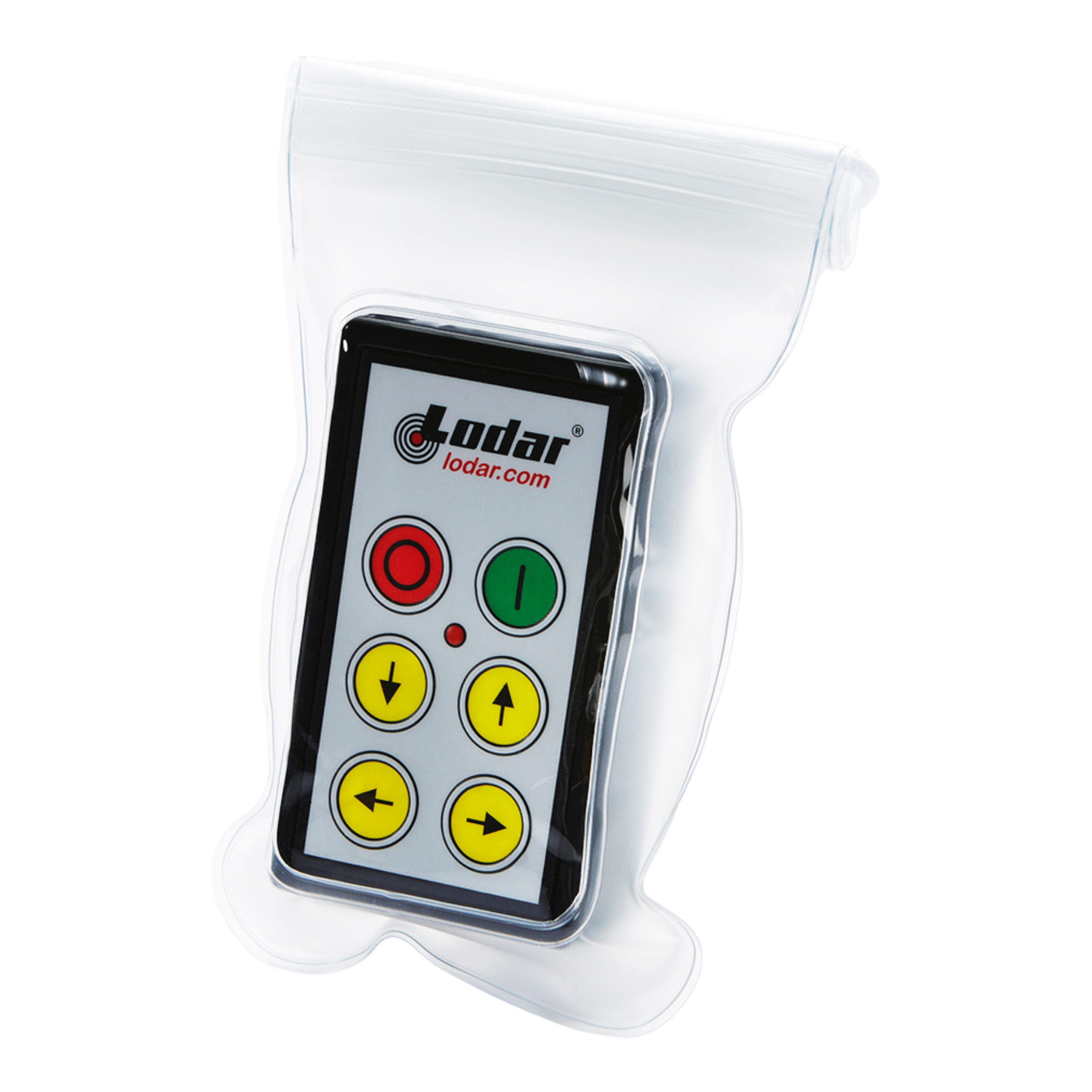 Transparent pouch containing a Lodar LTD Controls remote with colorful buttons.