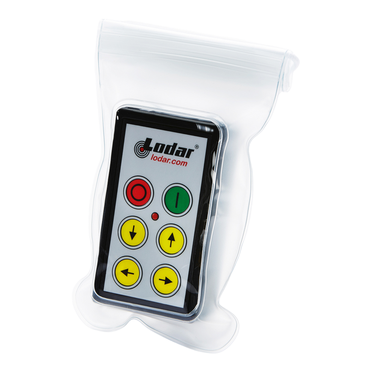 Transparent pouch containing a Lodar LTD Controls remote with colorful buttons.