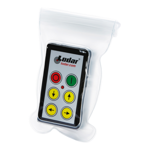 Transparent pouch containing a Lodar LTD Controls remote with colorful buttons.