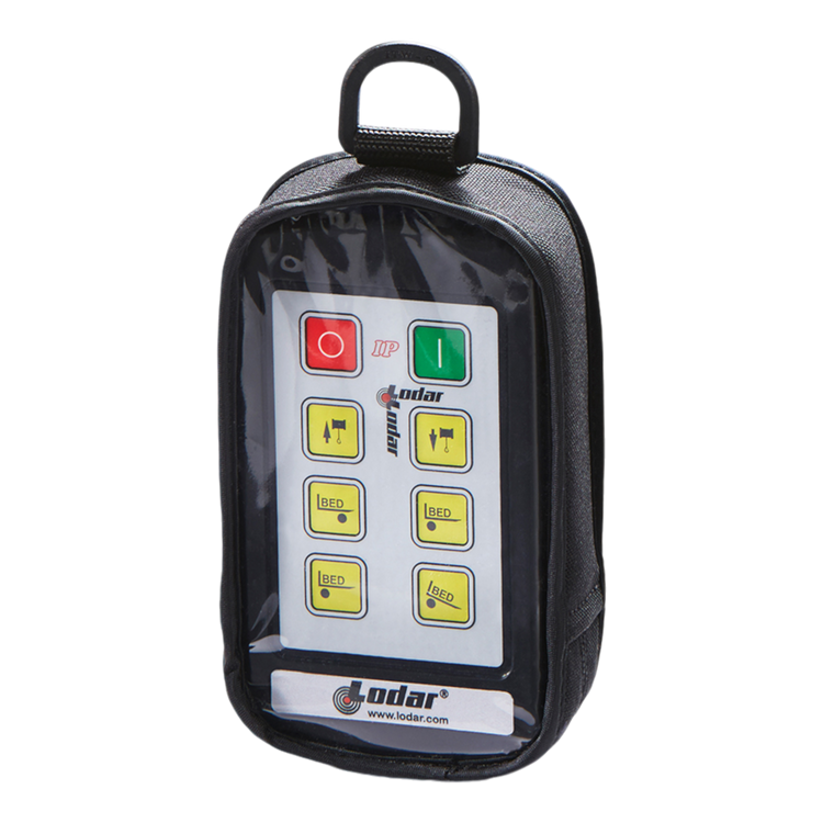 The Lodar LTD Controls Cover, designed for the 92 93 IP Series, is a black fabric cover with multiple buttons and a transparent front. This Industrial Pro transmitter features magnets and a padded cover to ensure durability and ease of use.