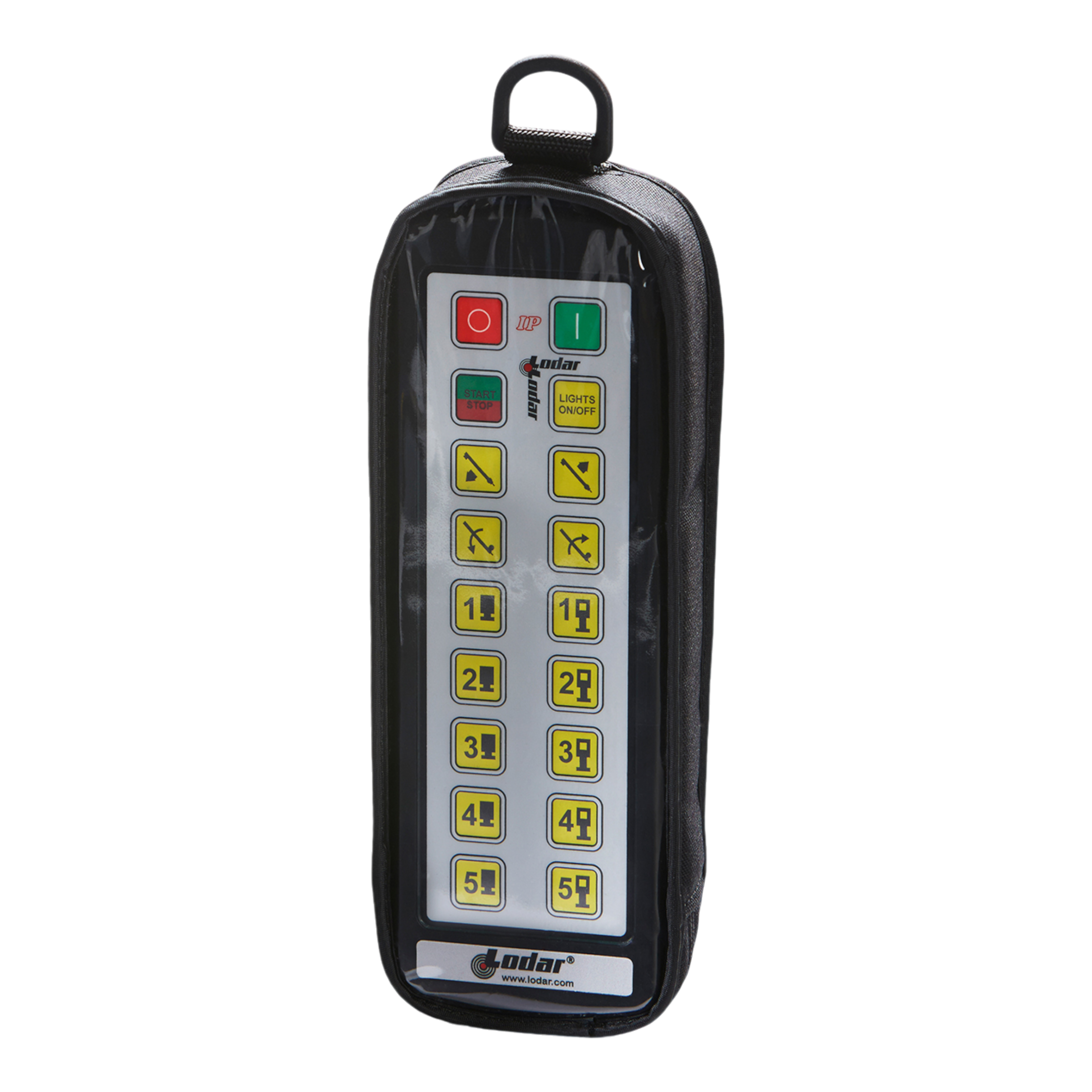 The Controls | Cover | Lodar | Fabric | 92 93 IP Series | 16F by Lodar LTD includes a handheld remote control equipped with multiple numbered yellow buttons and two prominent red and green buttons at the top, all encased in a durable padded protective cover for increased longevity.