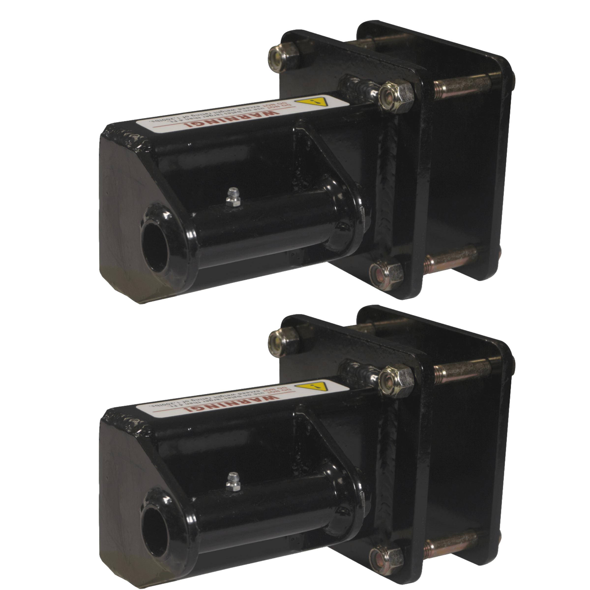 Two black, rectangular metal brackets from the PIERCE Bale Unroller Extension Set, complete with bolts and warning labels, designed for unrolling 4-foot hay bales, aligned vertically against a plain background.