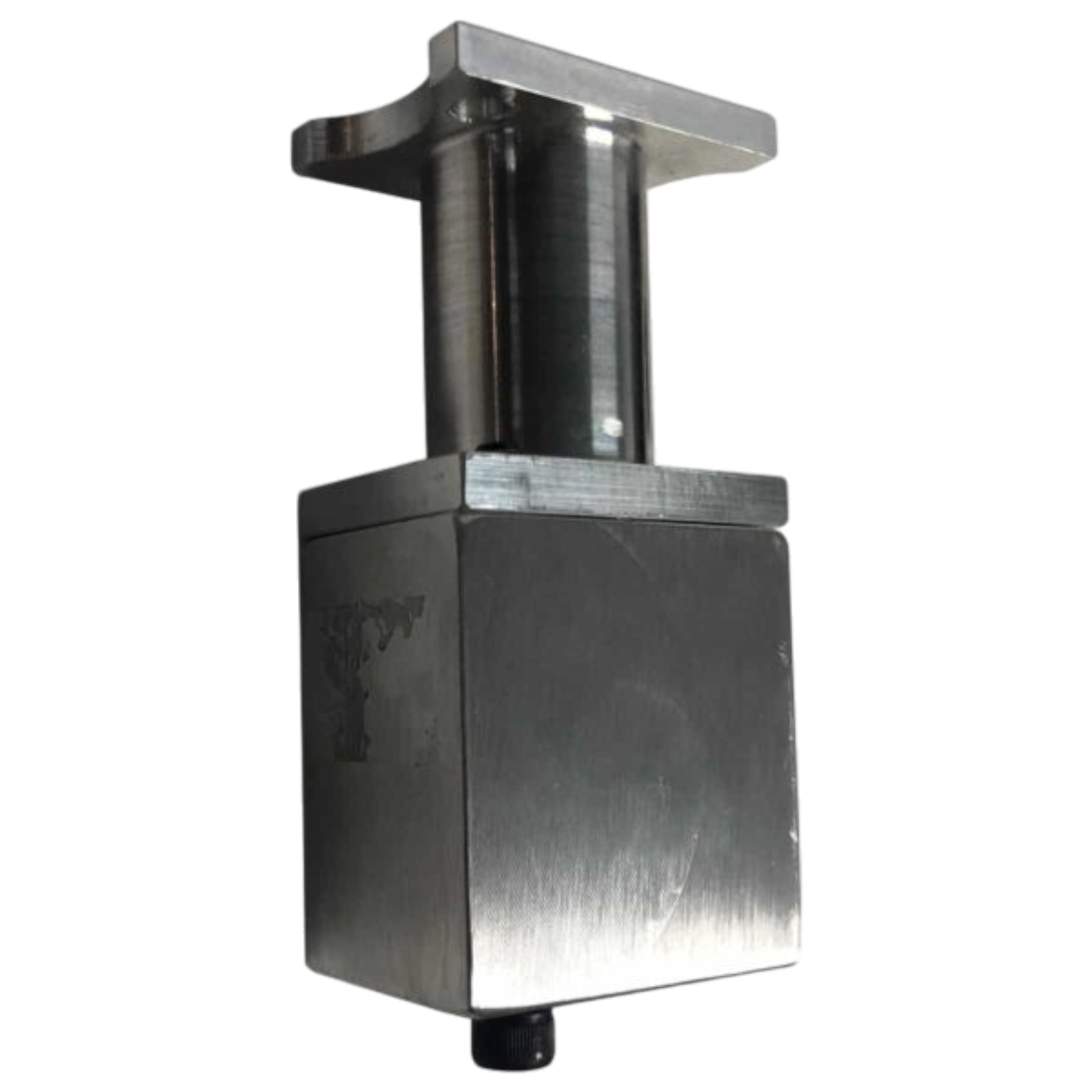 A Bolt-on Actuator, equipped with a metal block and a cylindrical handle on top, showcases a smooth, reflective surface and is designed to integrate with Husco Spools for enhanced precision.