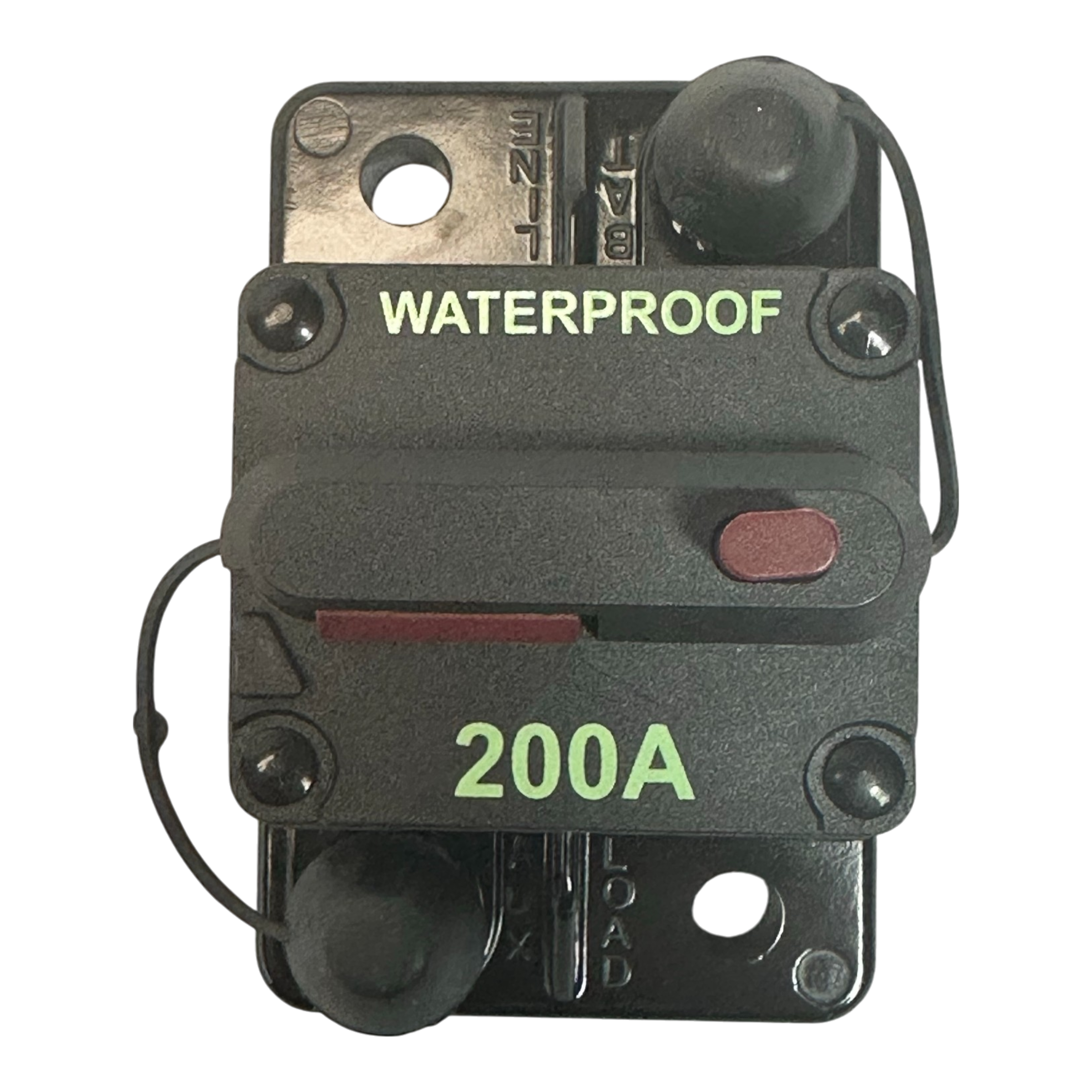 The PIERCE Breaker 200 Amp is a black, waterproof circuit breaker with a red reset button, ideal for hydraulic pumps in power distribution panels.