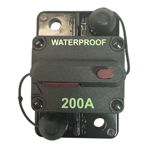 The PIERCE Breaker 200 Amp is a black, waterproof circuit breaker with a red reset button, ideal for hydraulic pumps in power distribution panels.