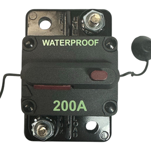 Close-up of a PIERCE Breaker 200 Amp, waterproof and black, perfect for power distribution panels, with visible terminals.