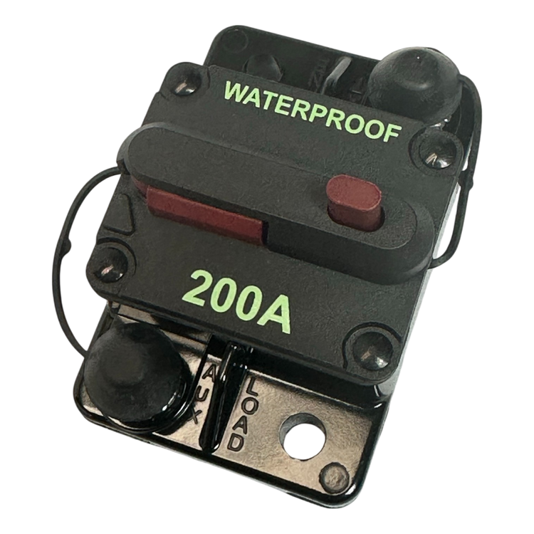 The PIERCE Breaker 200 Amp is a black waterproof circuit breaker with a red switch and two terminals, perfect for power distribution panels.