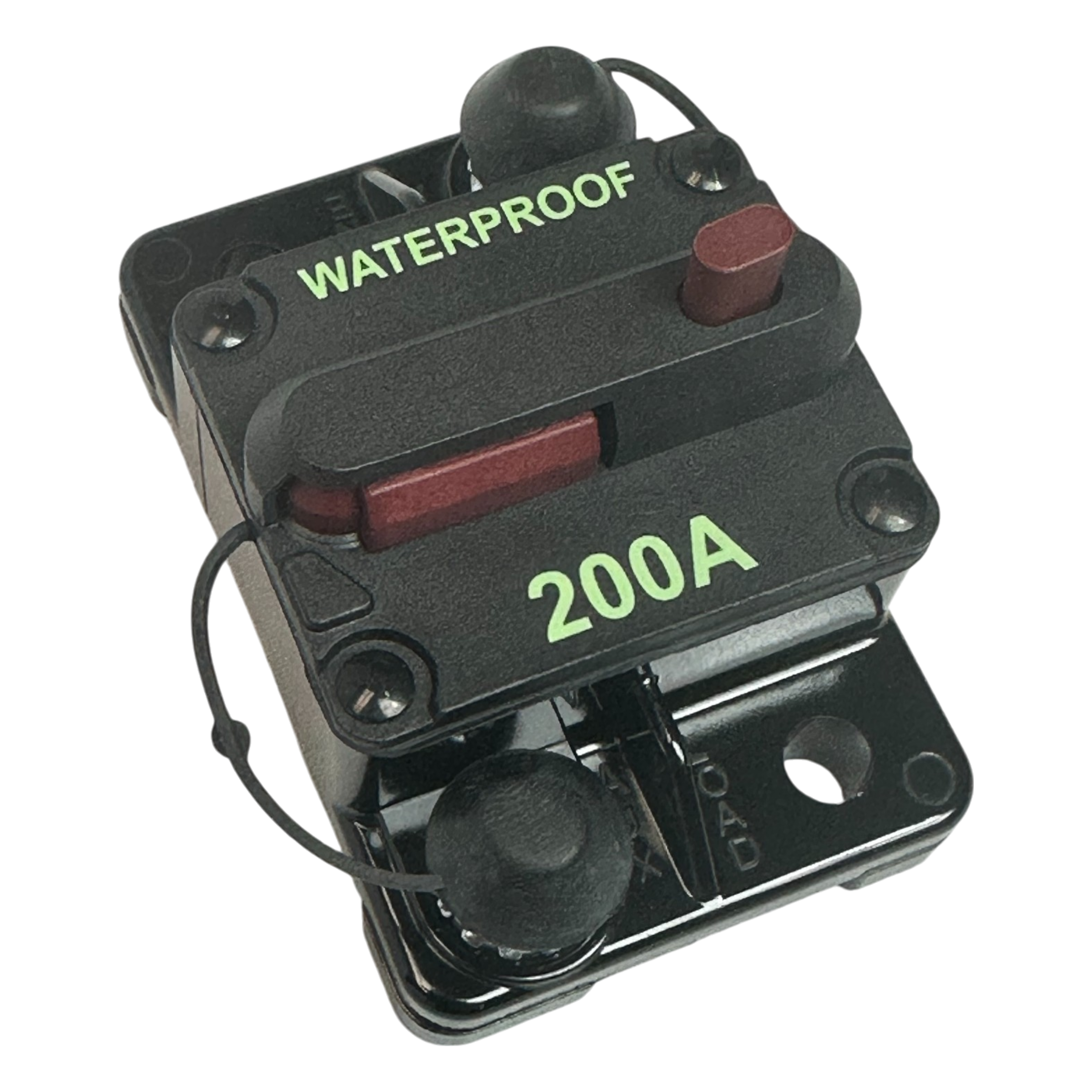 The PIERCE Breaker 200 Amp is a waterproof circuit breaker, featuring a black casing and red switch, ideal for power distribution panels. It includes two mounting holes for easy installation.